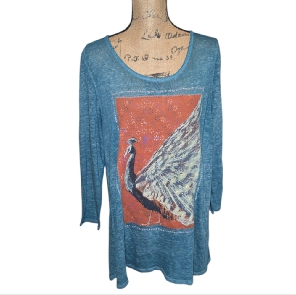 Lucky Brand Lightweight Blue Peacock Print Women's TUNIC Top Size XL